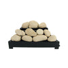 Rasmussen Alterna Vent-Free FireStones 24 inch in beige, arranged in a pyramid stack on a black grate. These vent-free ceramic fire stones mimic the look of natural stones, perfect for enhancing the aesthetic of natural gas fireplaces without requiring ventilation.