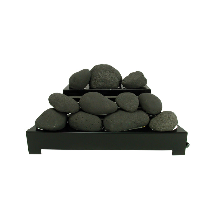 Rasmussen Alterna Vent-Free FireStones 24 inch set in black, arranged on a black grate in a pyramid stack. These vent-free fire stones add a modern, sleek look to indoor gas fireplaces, providing a safe and visually appealing alternative to traditional fire logs.