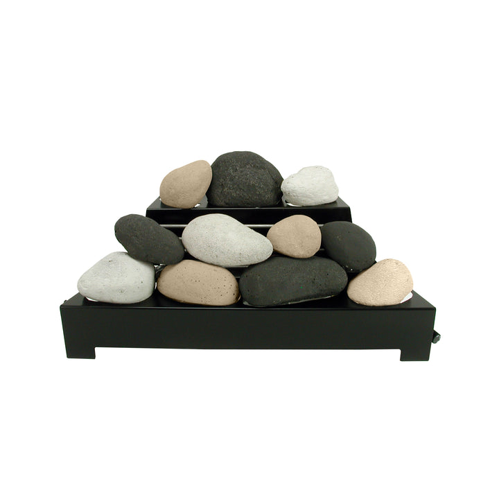 Rasmussen Alterna Vent-Free FireStones in 24-inch, featuring black, white, and beige stones for a natural, earthy fireplace aesthetic. These fire stones are designed for ventless gas fireplaces, adding a modern yet rustic charm. Excellent for enhancing indoor fire displays with a mix of neutral colors