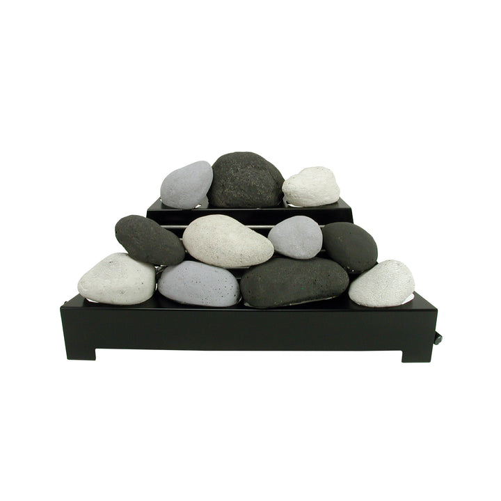 Rasmussen Alterna Vent-Free FireStones 24 inch mixed set of black, white, and light gray stones displayed in a pyramid on a black grate. This color combination adds a versatile, contemporary look to natural gas fireplaces, ideal for vent-free indoor settings.