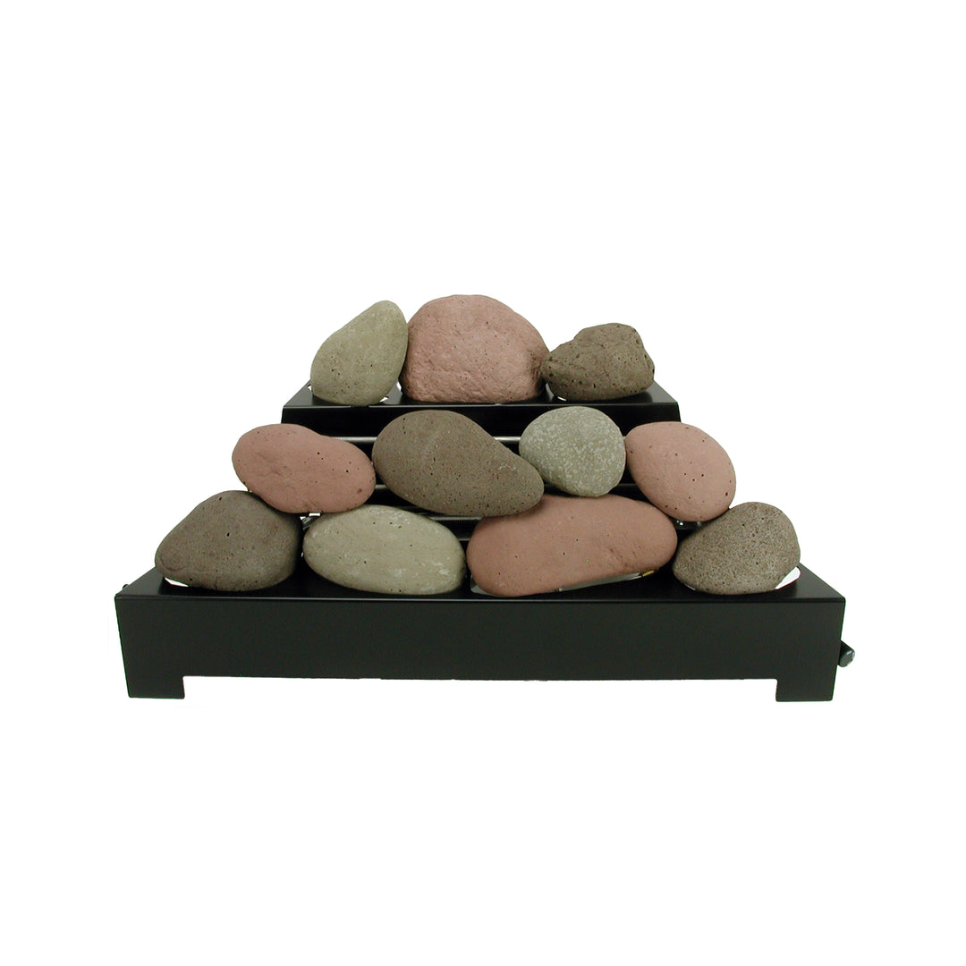 Rasmussen Alterna Vent-Free FireStones 24 inch set in brown, stacked in a pyramid style on a black fire grate. These brown stones simulate a rustic, earthy appearance, suitable for natural gas fireplaces without the need for ventilation.