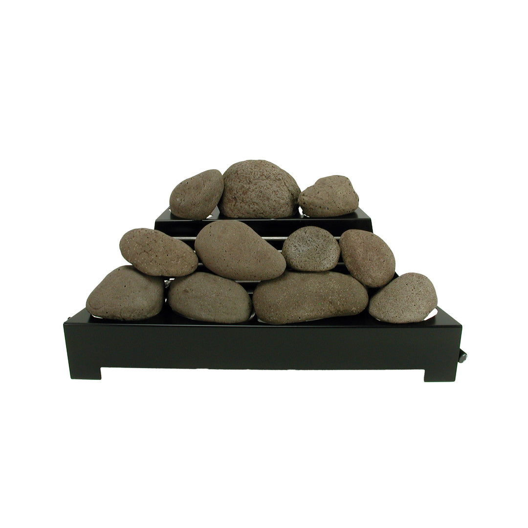 Rasmussen Alterna Vent-Free FireStones 24 inch mixed set in brown, natural, and adobe red colors, arranged on a black grate. These vent-free ceramic stones create a warm, naturalistic look, ideal for enhancing the aesthetic of indoor fireplaces with natural gas.