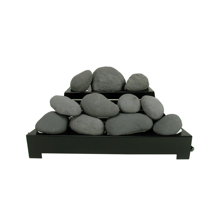 Rasmussen Alterna Vent-Free FireStones 24 inch in dark gray, displayed on a black grate in a stacked pyramid arrangement. These dark gray stones add a sophisticated, minimalist aesthetic to indoor gas fireplaces that require no venting.