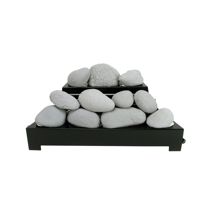 Rasmussen Alterna Vent-Free FireStones 24 inch set in light gray, shown in a pyramid stack on a black grate. These vent-free fire stones offer a neutral, contemporary look for indoor gas fireplaces, perfect for a modern home setting.