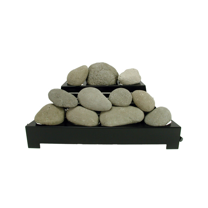 Rasmussen Alterna Vent-Free FireStones 24 inch in natural color, arranged in a pyramid formation on a black grate. These vent-free stones provide a realistic, organic look suitable for natural gas fireplaces, enhancing indoor ambiance without the need for venting.