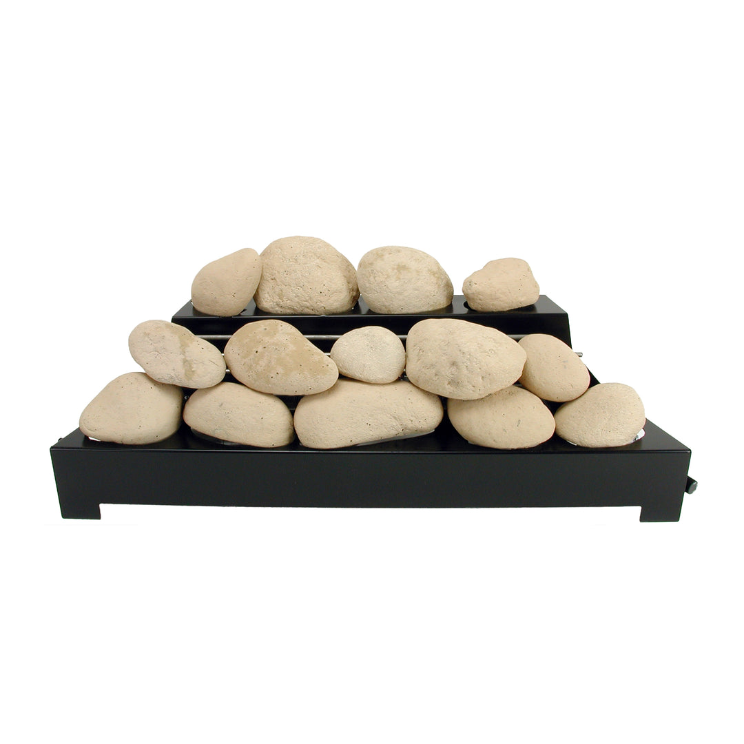 30-inch Rasmussen Alterna Vent-Free FireStones in beige, arranged to replicate the look of real stones for a natural feel in ventless gas fireplaces. This set complements any home decor, providing a realistic and stylish touch to fireplace interiors.