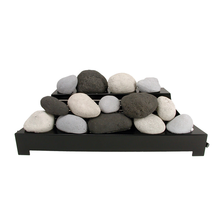 30-inch mix of black, white, and light gray Rasmussen Alterna Vent-Free FireStones, designed for vent-free gas fireplaces. This multi-colored arrangement mimics natural stone varieties, adding a unique decorative element to indoor fireplace settings