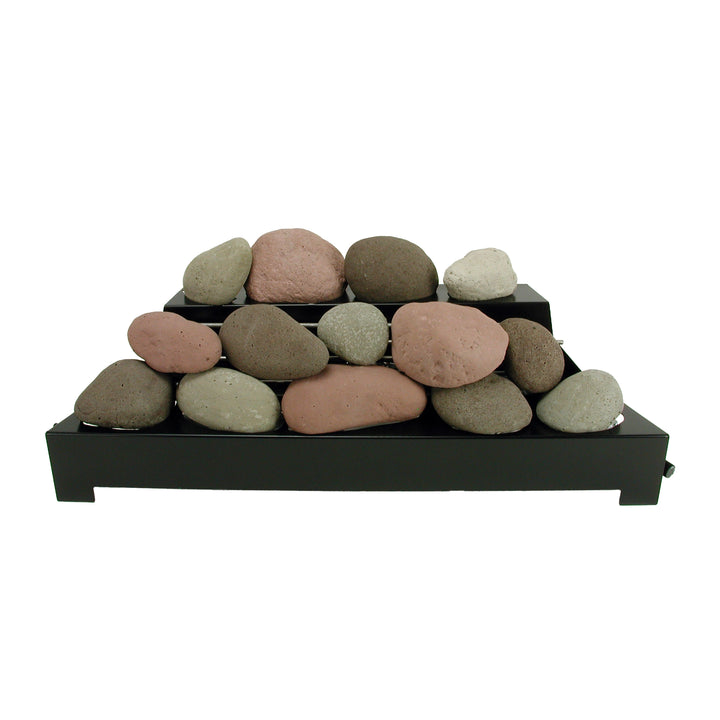 Mixed set of 30-inch Rasmussen Alterna Vent-Free FireStones in brown, natural, and adobe red. Suitable for vent-free gas fireplaces, this combination enhances interiors with a rich, varied color palette, simulating the appearance of river stones.