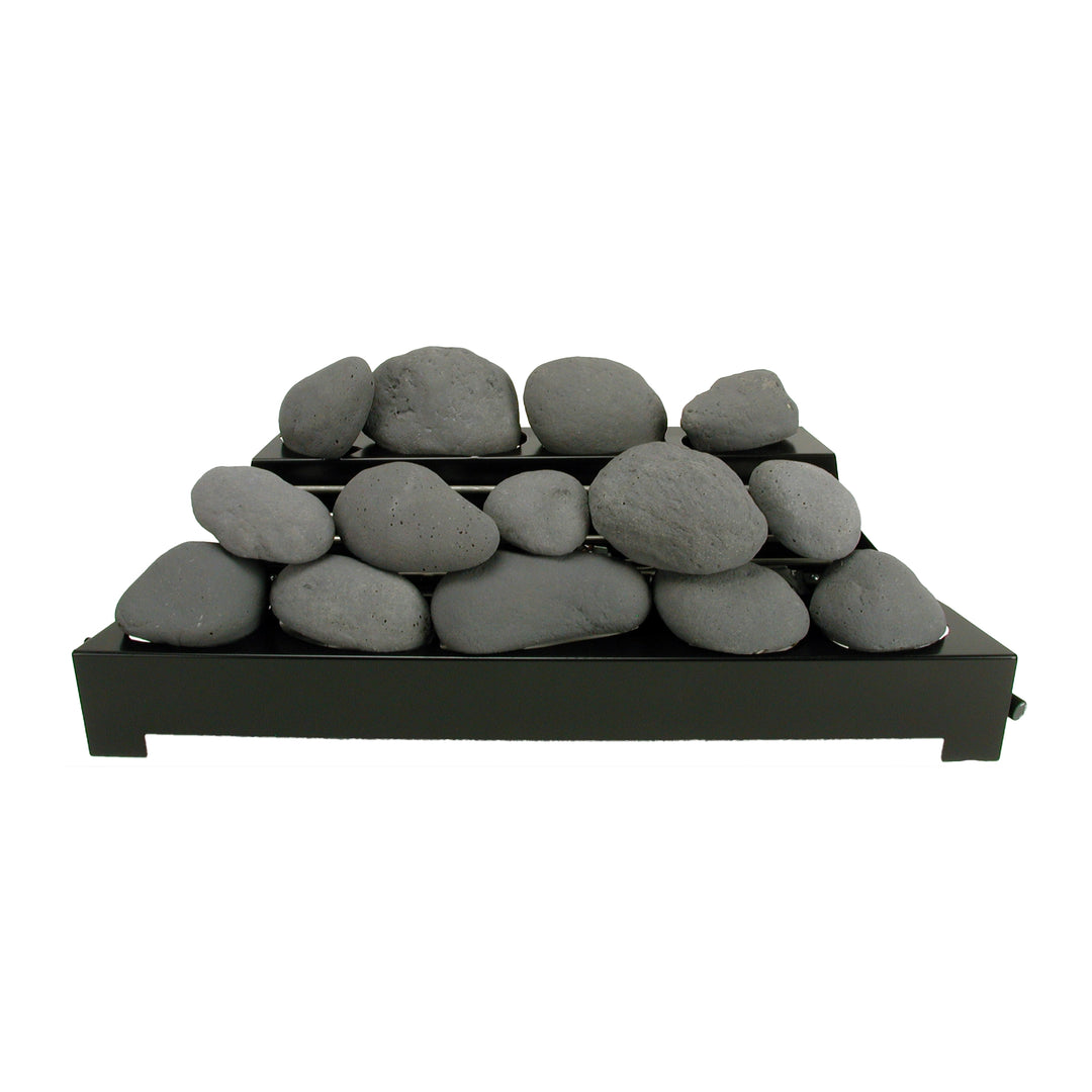 30-inch dark gray Rasmussen Alterna Vent-Free FireStones stacked for a sophisticated look in ventless gas fireplaces. This deep gray color scheme complements modern interiors, adding a touch of elegance to the fire display.