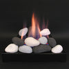 Rasmussen Double Sided Indoor Alterna Vent-Free FireStones See-Thru Burner featuring a realistic arrangement of black, gray, and white fire stones with a vibrant flame. Ideal for modern indoor settings, this vent-free burner provides an efficient heating solution without the need for a vent, adding a warm, natural ambiance to any space while showcasing a contemporary stone design