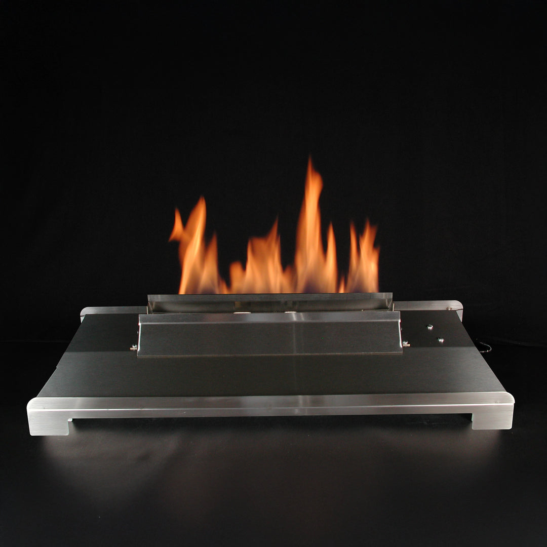 30-inch Rasmussen Indoor Alterna Vent-Free FireGlitter See-Thru Burner in use with visible flames. The vent-free design enhances safety and convenience, providing warmth and a focal point for indoor spaces with limited ventilation options.