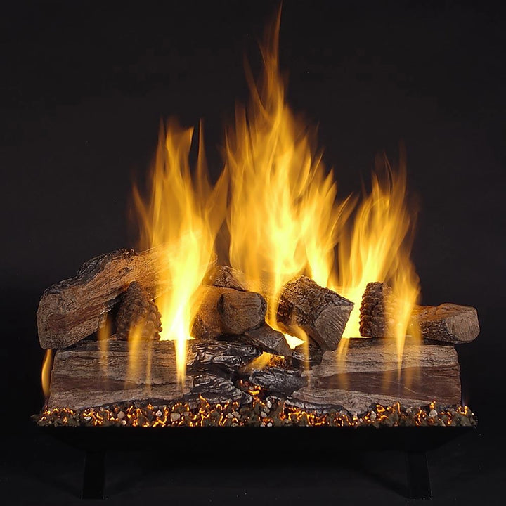 A warm and inviting fire display from the Rasmussen Large Indoor Vented Custom Pan Burner, complete with a realistic wood log set. The flames flicker vibrantly, simulating the appearance of a traditional wood-burning fireplace.