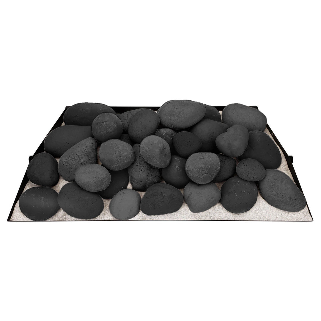 Small rounded arrangement of black Rasmussen Vented FireStones, arranged on a vented base. Designed for natural gas fireplaces, this set adds a contemporary and bold look to outdoor fireplaces, combining aesthetic appeal with efficient heat output.