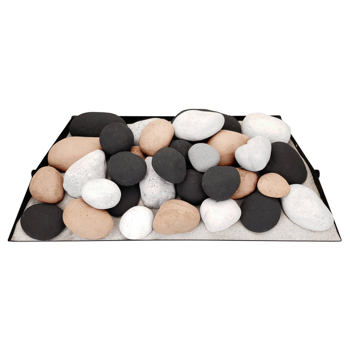 Small rounded arrangement of black, white, and beige Rasmussen Vented FireStones on a vented tray. The multicolor combination offers a versatile and unique look, perfect for outdoor gas fireplaces and fire pits