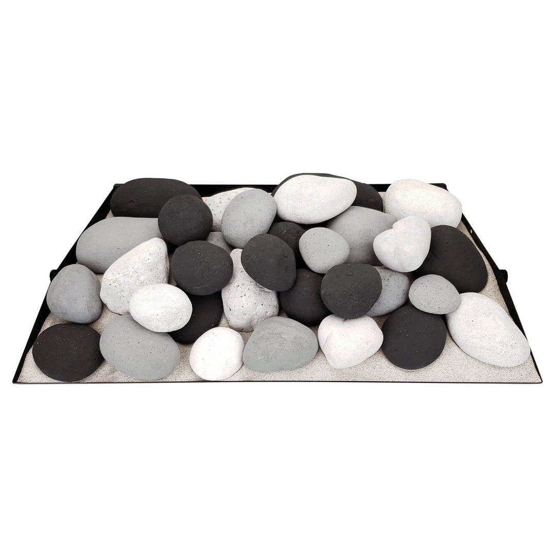 "Small rounded arrangement of black, white, and light gray Rasmussen Vented FireStones on a vented base. This color blend provides a subtle and sophisticated look for gas fireplaces, ideal for creating a stylish outdoor fire pit setup.