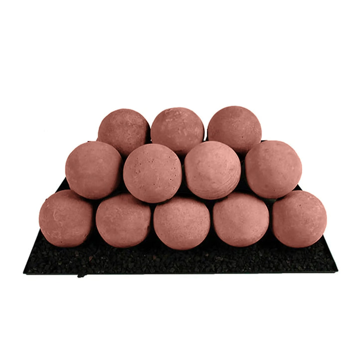 A pyramid of Rasmussen Vented Uniform FireBalls in Adobe Red, displayed on a black tray. This setup highlights the contrast between the deep red fireballs and the tray's black surface. The fireballs are designed for vented gas fireplaces, enhancing the flames' visual appeal. This modern arrangement is ideal for creating a sleek, contemporary look in fireplaces. 