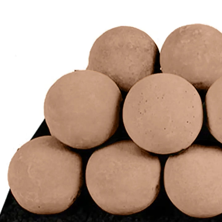 Detailed close-up view of the Rasmussen Vented Uniform FireBalls in Beige. These ceramic fireballs are meticulously arranged in a stack, offering a clean, minimalist look for vented fireplaces. Their soft beige color adds warmth and elegance to any fireplace setup, suitable for use with natural gas or propane. These durable fireballs provide an attractive alternative to traditional fire logs. 