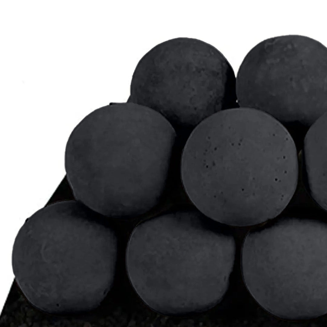 Close-up image of Rasmussen Vented Uniform FireBalls in Black. Perfectly stacked for vented fireplaces, these ceramic fireballs feature a sleek black finish, adding a sophisticated and contemporary touch to your fireplace. The high-quality construction ensures durability in both natural gas and propane vented setups. Ideal for those looking for a modern alternative to fire logs.