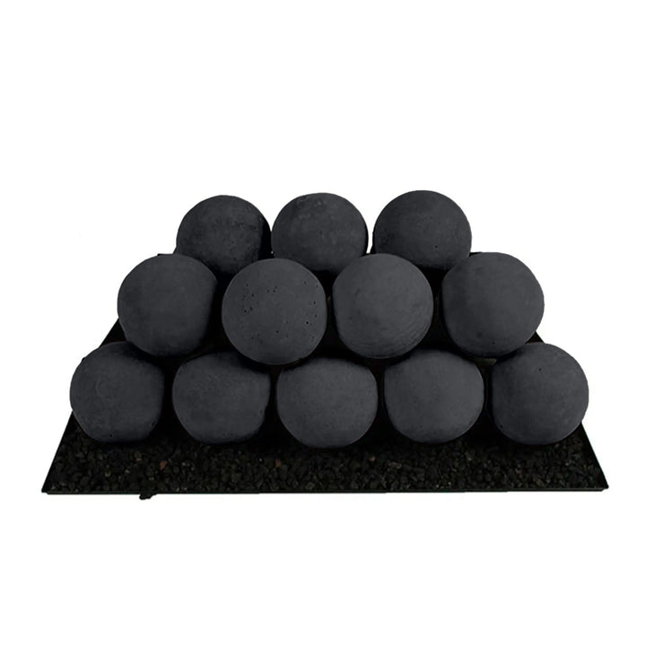 Black Rasmussen Vented Uniform FireBalls arranged on a black tray, forming a pyramid. The deep black tones of the fireballs and tray provide a sleek, modern look that enhances the overall appearance of a vented gas fireplace. These fireballs are designed to withstand high temperatures while adding an element of style to the fireplace setup.