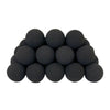 A pyramid stack of Rasmussen Vented Uniform FireBalls in Black. These smooth black fireballs offer a bold, contemporary aesthetic for vented fireplaces. The uniform round design complements modern fireplace settings, making them a popular choice for creating a striking contrast against flames. Ideal for enhancing the ambiance of natural gas or propane fire features. 