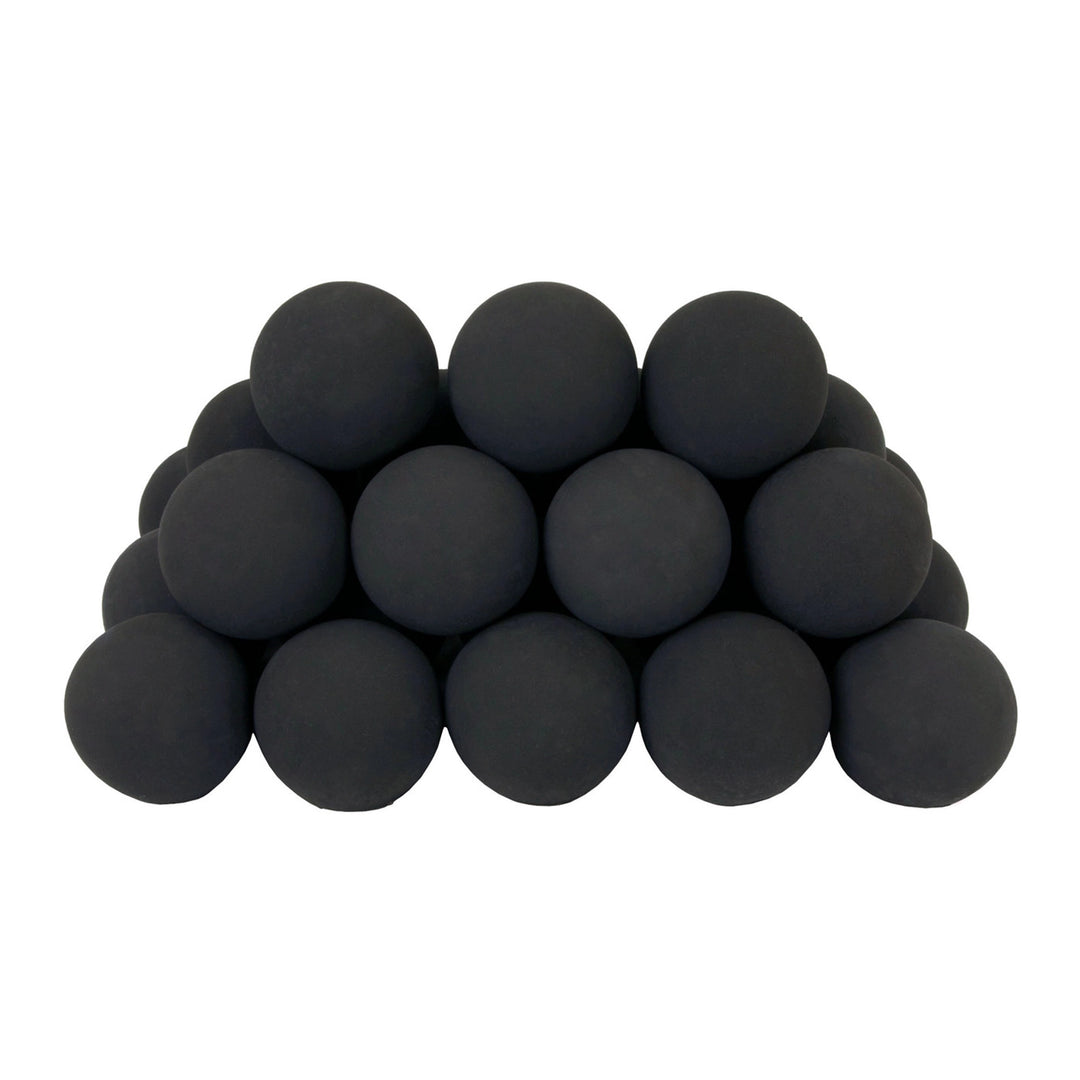 A pyramid stack of Rasmussen Vented Uniform FireBalls in Black. These smooth black fireballs offer a bold, contemporary aesthetic for vented fireplaces. The uniform round design complements modern fireplace settings, making them a popular choice for creating a striking contrast against flames. Ideal for enhancing the ambiance of natural gas or propane fire features. 