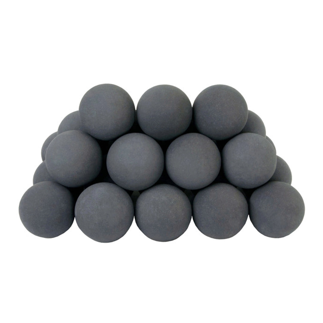 Rasmussen Vented Uniform FireBalls in dark grey, neatly stacked in a pyramid formation. These durable fireballs are designed for vented fireplaces and offer a modern aesthetic while withstanding high heat. Ideal for adding contemporary style to your gas log set. Enhance your fireplace with these uniform dark grey fireballs that ensure even flame distribution.