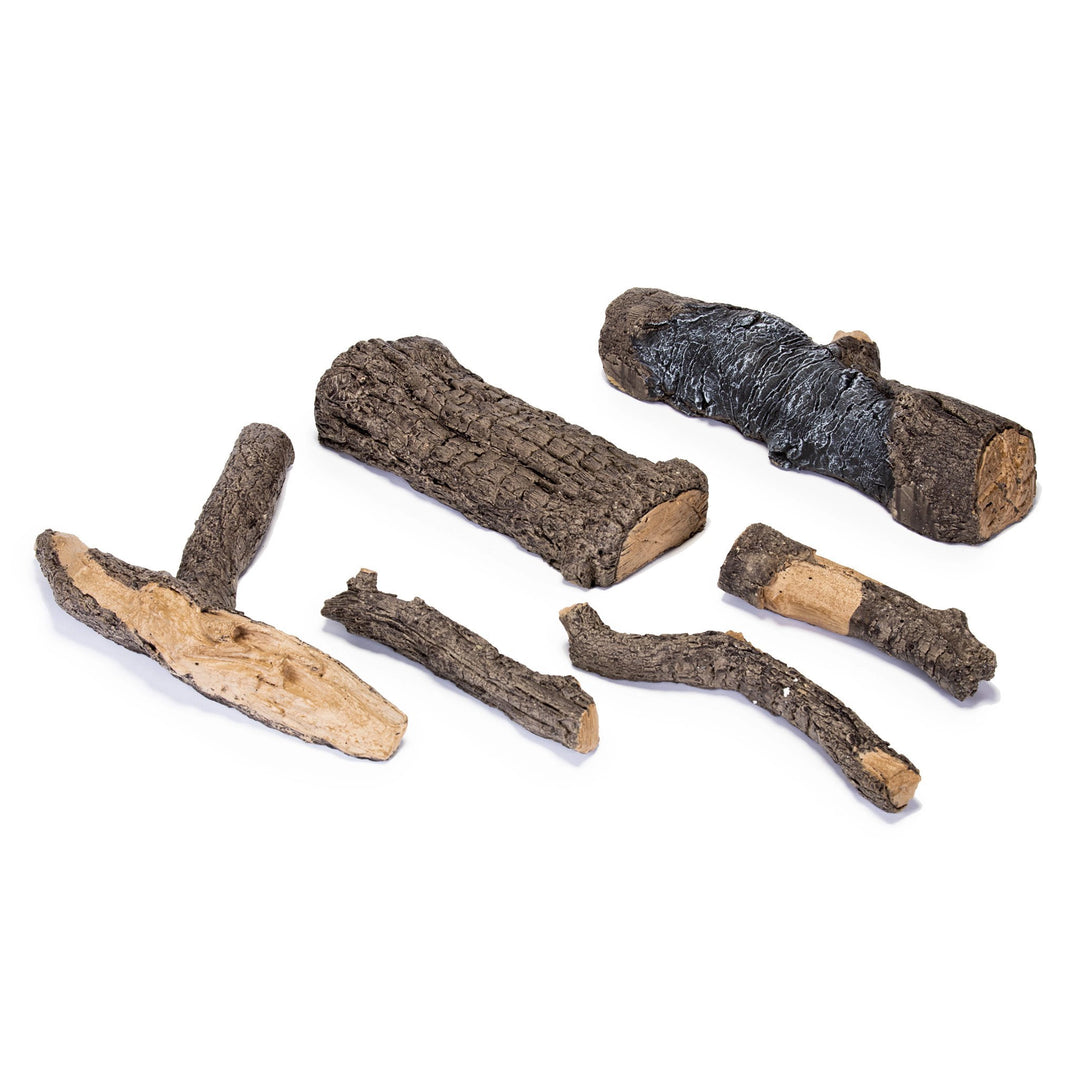 Real Fyre 18-inch Vented American Oak Gas Logs disassembled, showing individual log pieces with detailed textures and bark, perfect for customizing arrangement in natural gas fireplaces. High-quality vented gas logs for a realistic wood-burning appearance.