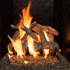 Real Fyre 18-inch Vented American Oak Gas Logs with fire, set in a fireplace, displaying bright flames for a warm, authentic wood-burning effect in a vented natural gas setting. Detailed oak log textures for a realistic ambiance.