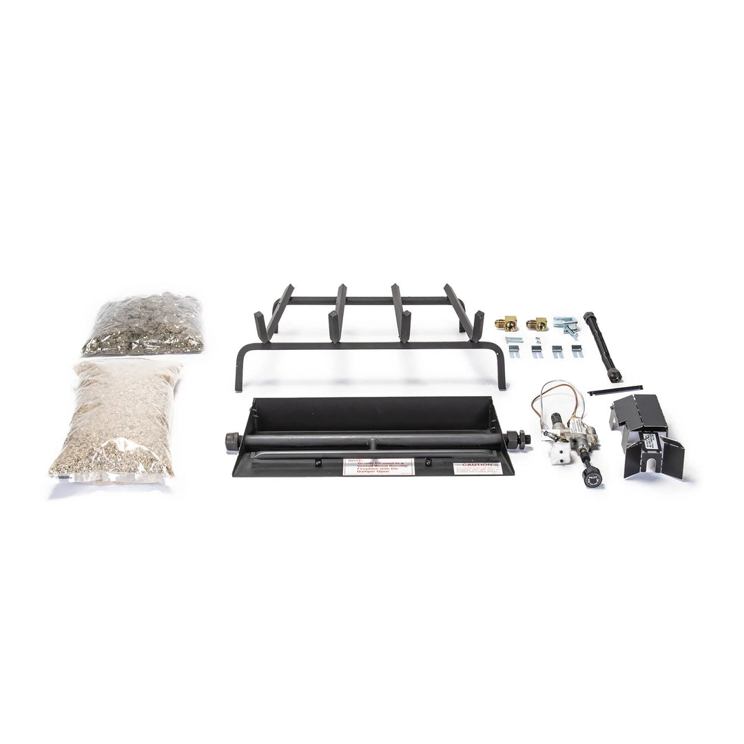 Complete Real Fyre G45 vented fireplace burner kit for propane, featuring the SPK-26P safety pilot assembly, burner pan, grate, embers, and hardware. A robust and efficient burner system designed for safe and easy installation in vented gas log fireplaces.