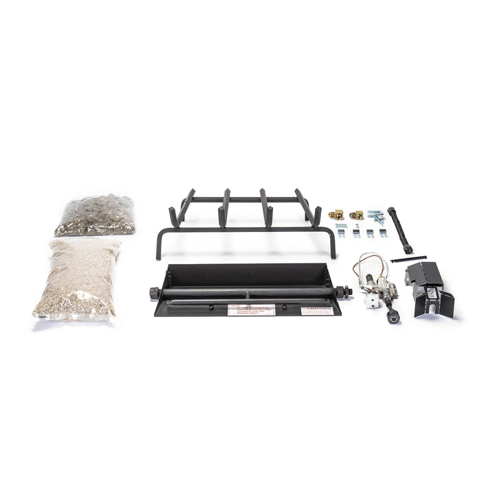 Complete Real Fyre G45 vented fireplace burner kit for propane, featuring the SPK-26P safety pilot assembly, burner pan, grate, embers, and hardware. A robust and efficient burner system designed for safe and easy installation in vented gas log fireplaces.