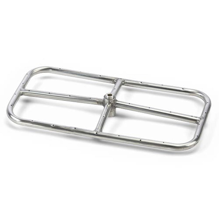 Rectangle Stainless Steel Fire Ring by HPC Fire, measuring 12x6 inches. This high-quality fire ring is made from durable 304 stainless steel, featuring a four-way cross design for balanced flame distribution. Ideal for small to medium fire pits, this rectangular burner is suitable for both natural gas and propane applications. Perfect for enhancing outdoor fire pit installations, ensuring a powerful and consistent flame output.