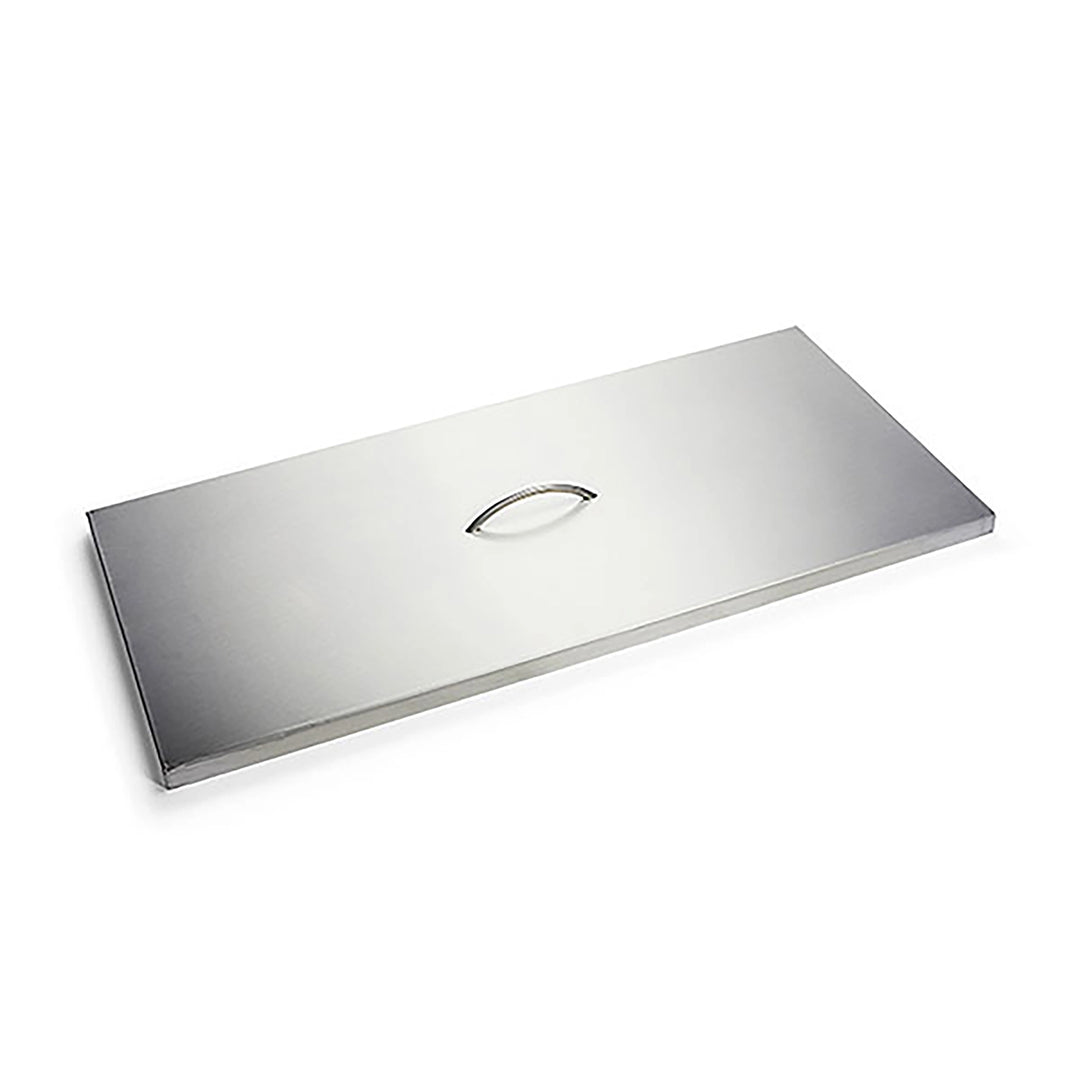 Rectangle Stainless Steel Hard Fire Pit Burner Cover by HPC Fire featuring a sleek, polished finish and a sturdy built-in handle for easy lifting and placement. This durable fire pit cover is designed to protect rectangular burner openings from debris, weather, and damage when not in use, extending the longevity of your fire pit system. Ideal for both residential and commercial fire pits, this high-quality stainless steel cover provides a clean and professional appearance, ensuring your outdoor space remain