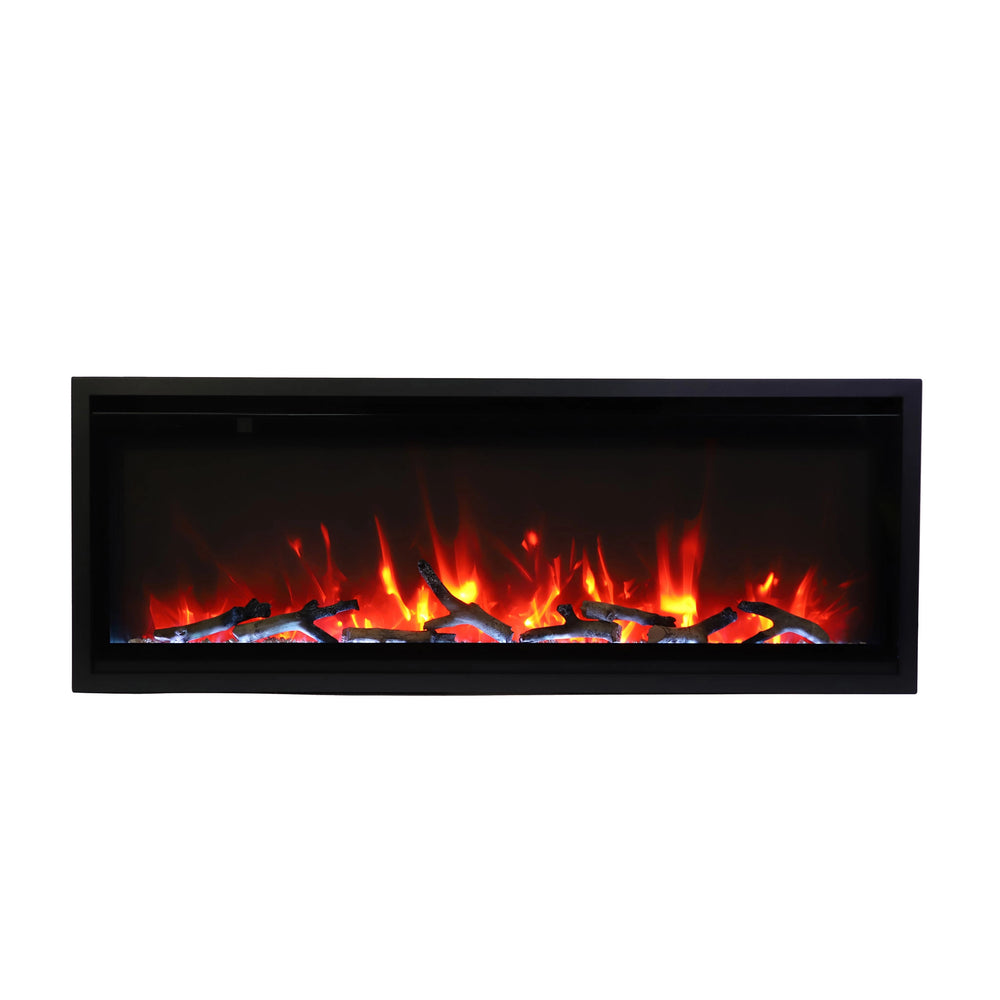 The Remii Indoor Extra Slim Electric Fireplace featuring detailed log media and vibrant red flames for a realistic fireplace effect. Its slim, built-in profile and versatile design are ideal for creating warmth and ambiance in compact indoor spaces. Energy-efficient and perfect for contemporary interiors.