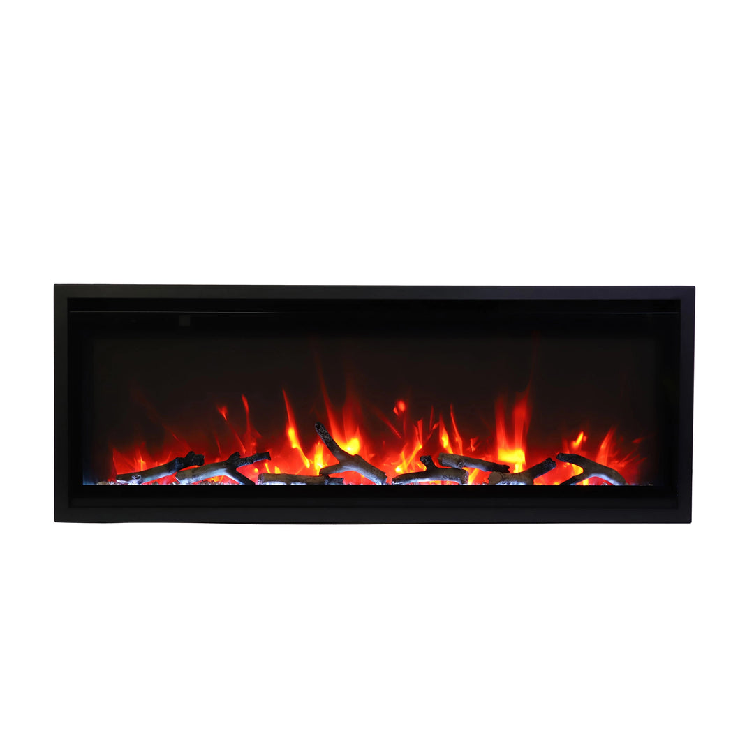 The Remii Indoor Extra Slim Electric Fireplace featuring detailed log media and vibrant red flames for a realistic fireplace effect. Its slim, built-in profile and versatile design are ideal for creating warmth and ambiance in compact indoor spaces. Energy-efficient and perfect for contemporary interiors.