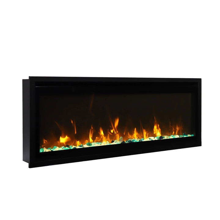 Side angle view of the Remii Indoor Extra Slim Electric Fireplace, highlighting its sleek, built-in profile and energy-efficient design. The vibrant flames and glass media create a stunning visual effect, perfect for modern indoor settings and compact living spaces.