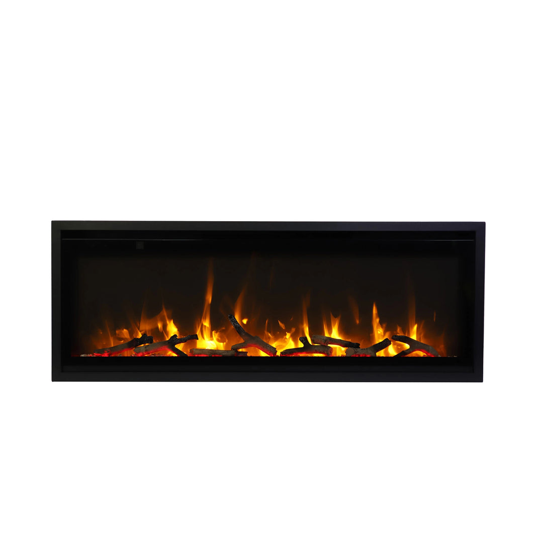 The Remii Indoor Extra Slim Electric Fireplace showcasing glowing yellow flames with detailed log media, creating a warm and realistic fireplace effect. The slim, built-in design is ideal for contemporary interiors, offering energy efficiency and ambiance for compact indoor spaces.