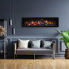 The Remii Tall Indoor/Outdoor Built-In Electric Fireplace installed in a modern living room, mounted against a deep blue wall with vibrant orange and yellow flames. A perfect blend of style and functionality, this electric fireplace elevates indoor aesthetics.