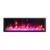 The Remii Tall Indoor/Outdoor Built-In Electric Fireplace showcasing pink and orange flames with clear media crystals. Its versatile, slim design offers an energy-efficient heating solution for indoor and outdoor spaces, creating a stunning focal point.