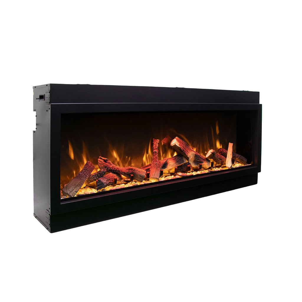 A side-view angle of the Remii Tall Indoor/Outdoor Built-In Electric Fireplace featuring realistic log media and vibrant flames in golden hues. Perfect for modern or transitional home décor, this electric fireplace adds ambiance and warmth with a built-in design for seamless indoor or outdoor installation.