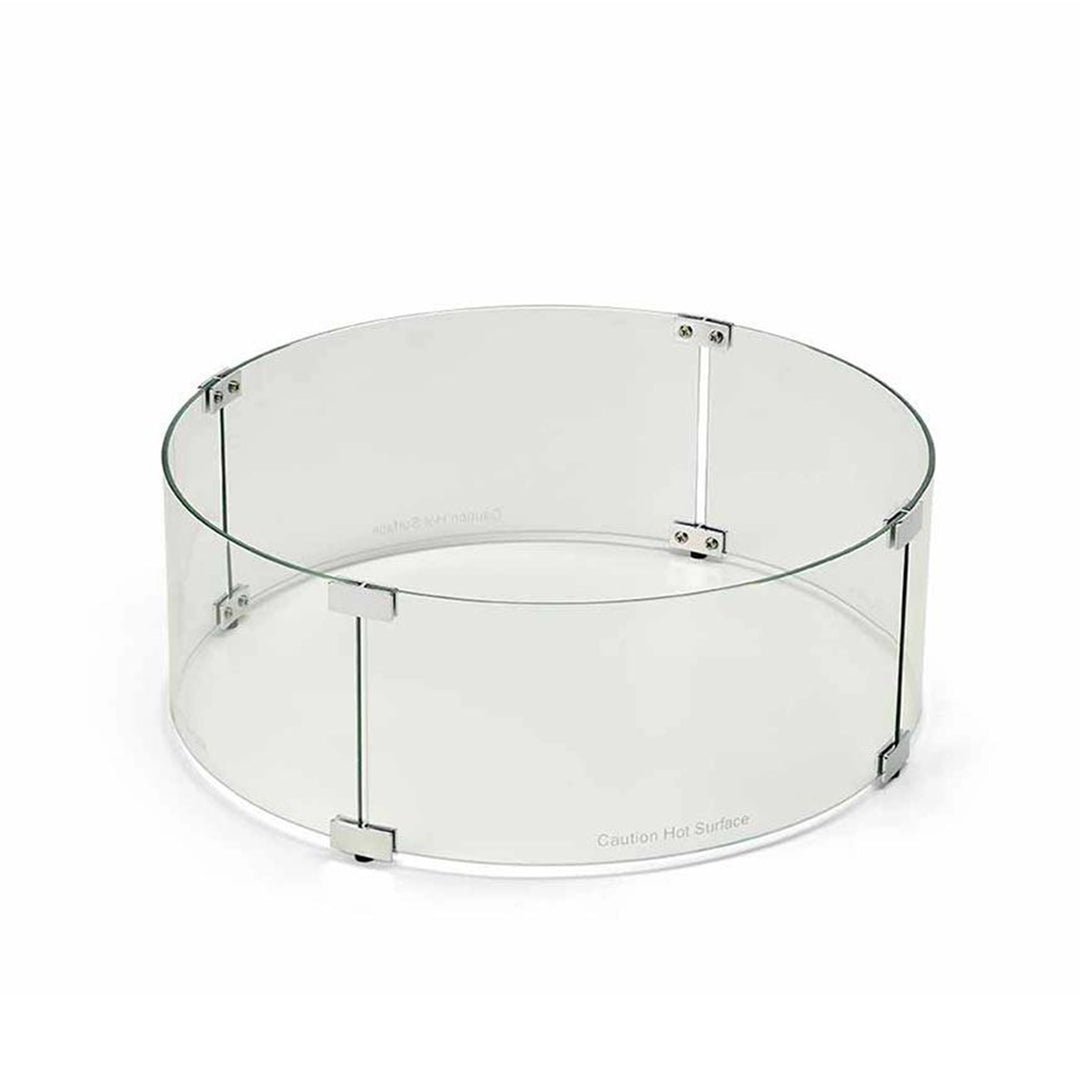 Round Fire Pit Glass Wind Guard by HPC Fire, featuring durable tempered glass panels with polished edges, secured with stainless steel brackets. This wind guard offers protection for fire pit flames, ensuring safety and stability in outdoor environments. Ideal for use with round fire pits, it helps maintain an even flame in breezy conditions while adding a sleek and modern aesthetic to any outdoor space.