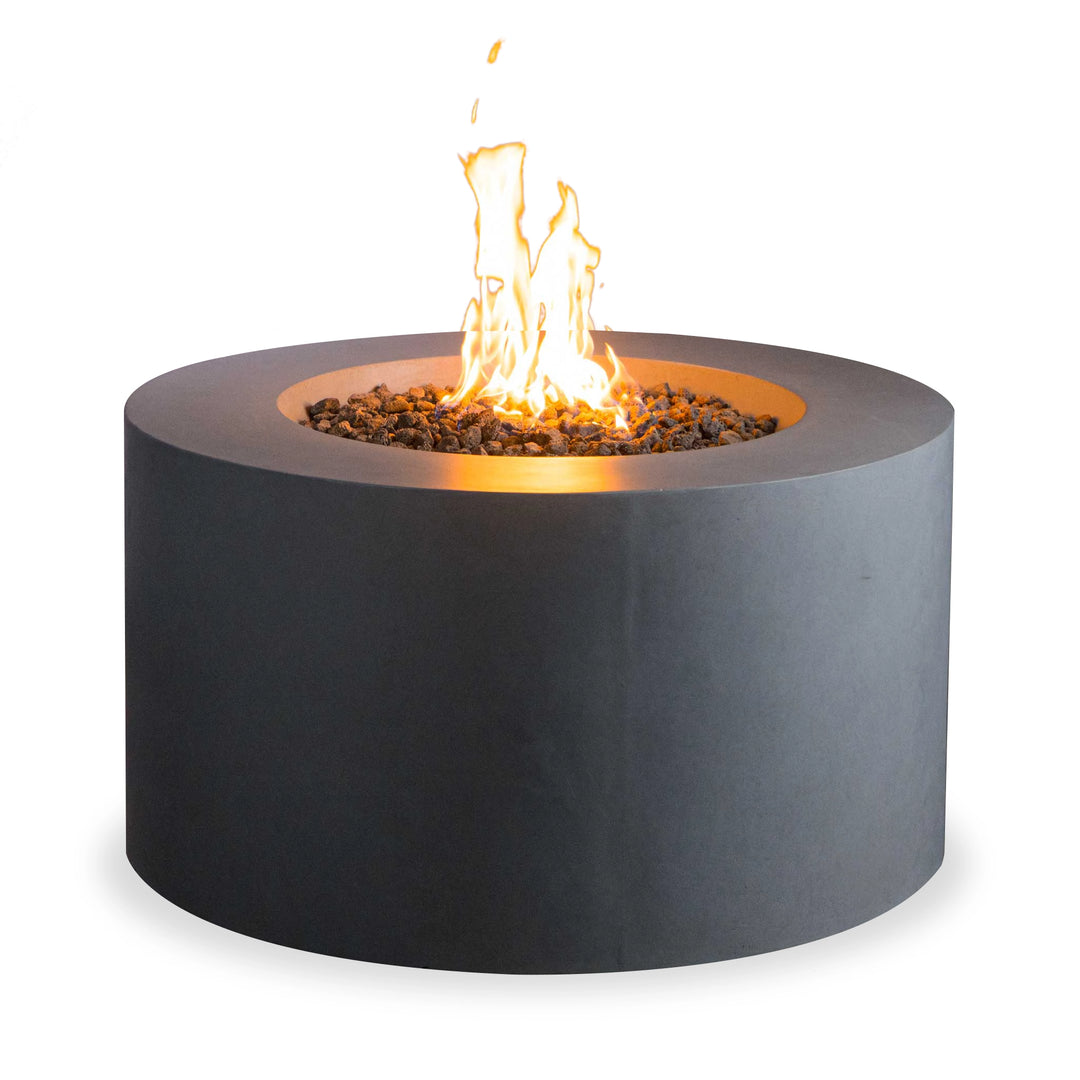 Modern round cylindrical fire pit in dark finish with a central burner and flames, featuring a minimalist design