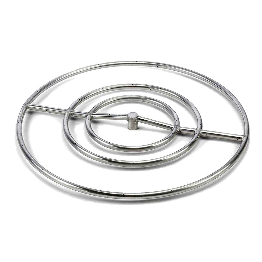 24-inch stainless steel fire ring by HPC Fire, featuring a triple-ring structure with strategically positioned gas holes for maximum flame coverage. Perfect for larger outdoor fire pits, it creates a full, radiant flame display. Constructed from 304-grade stainless steel, ensuring long-term durability and resistance to outdoor elements.