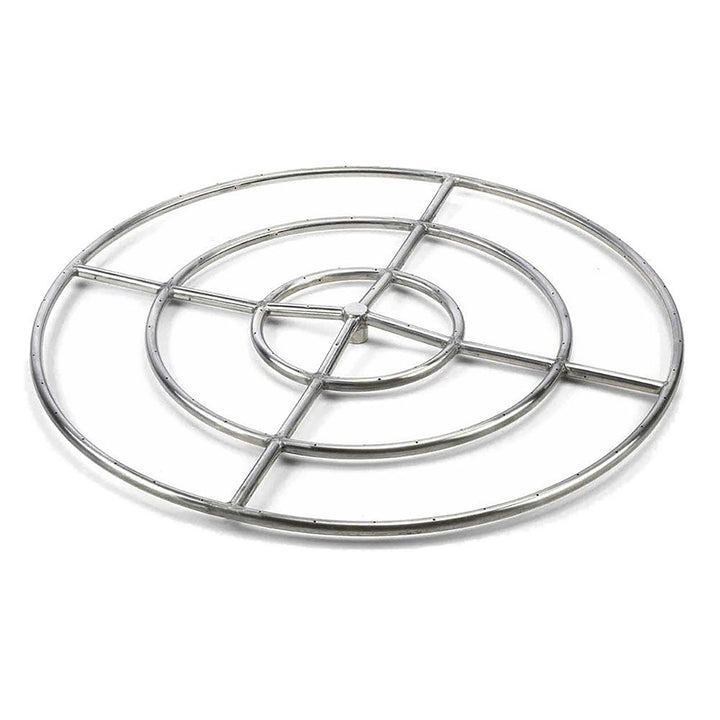 36-inch round stainless steel fire ring by HPC Fire, showcasing a reinforced design with evenly spaced burner holes for a large flame display. Ideal for commercial or residential outdoor fire pits, offering a high-performance fire experience. Constructed from corrosion-resistant stainless steel, ensuring long-term durability in harsh outdoor conditions.