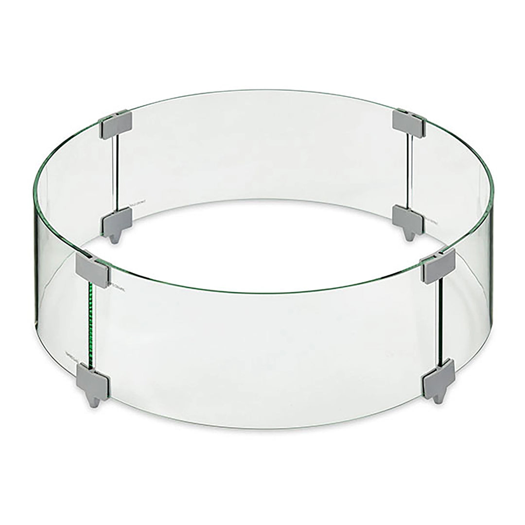This image displays a 30-inch round tempered glass wind guard designed for outdoor fire pits. It offers protection from wind while maintaining a clear view of the fire, enhancing the safety and aesthetic of the fire pit. Perfect for patio fire pits, this durable glass shield enhances functionality and style, making it an essential accessory for fire safety and luxury outdoor settings.