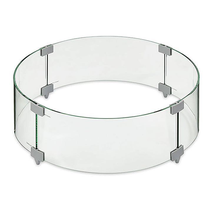 This image displays a 30-inch round tempered glass wind guard designed for outdoor fire pits. It offers protection from wind while maintaining a clear view of the fire, enhancing the safety and aesthetic of the fire pit. Perfect for patio fire pits, this durable glass shield enhances functionality and style, making it an essential accessory for fire safety and luxury outdoor settings.