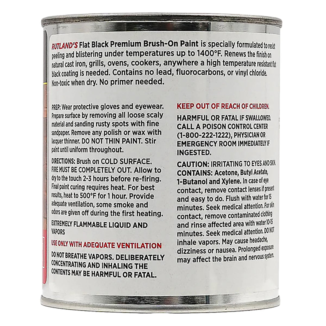 Back label of Rutland Hi-Temp Paint Premium 1400 F Brush-On Paint, featuring detailed instructions for use and safety warnings for high-heat applications. Perfect for restoring the finish on stoves, grills, and cast iron surfaces with its long-lasting, lead-free, low-VOC formula