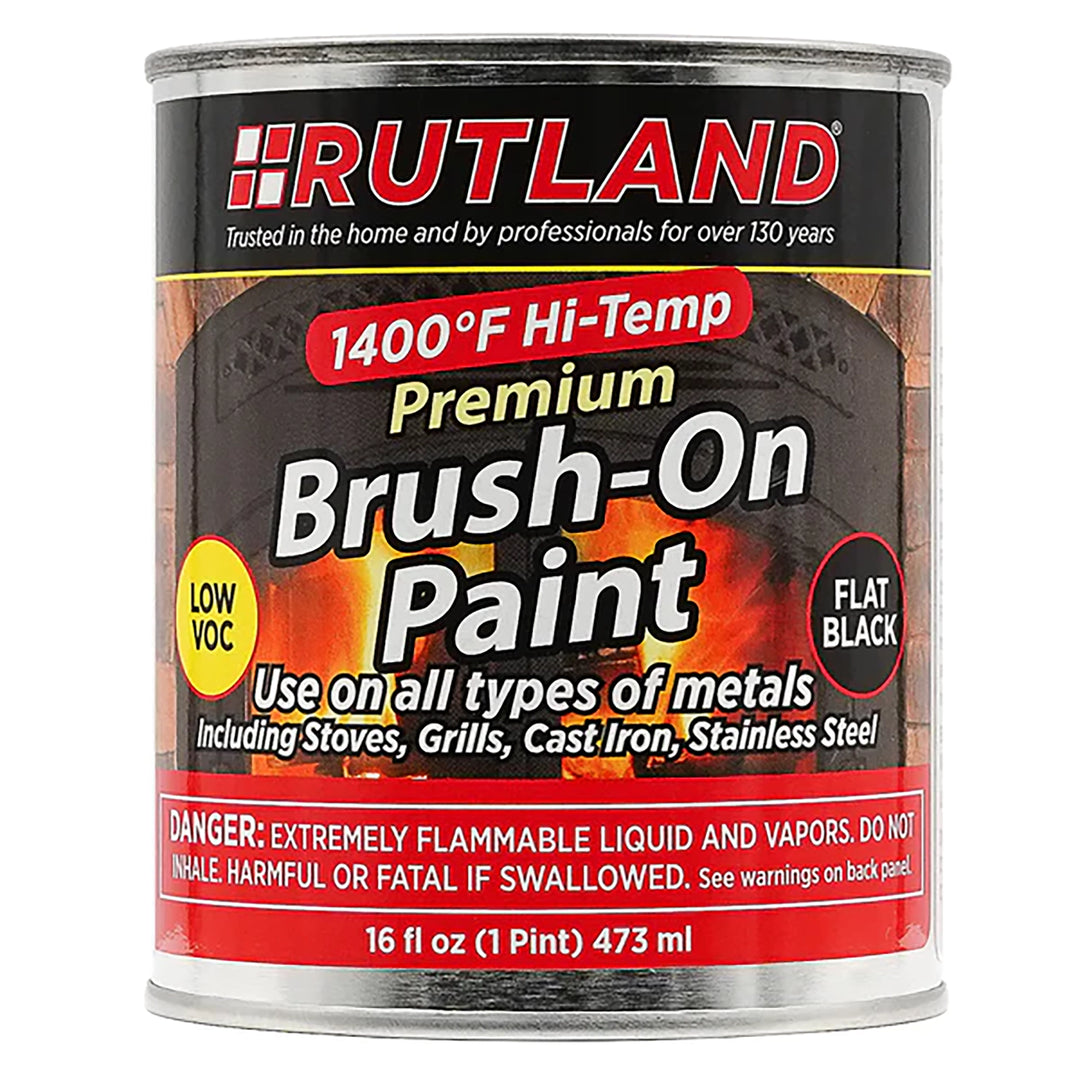 Front label of Rutland Hi-Temp Paint Premium 1400 F Brush-On Paint, showcasing a flat black finish designed for high-heat surfaces like stoves, grills, and cast iron. The 16 fl oz can is ideal for enhancing durability and resistance to blistering in extreme temperatures up to 1400 degrees Fahrenheit.