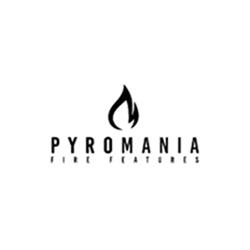 Pyromania Fire Features logo with a stylized flame icon above the brand name in bold text, representing their range of fire features and products