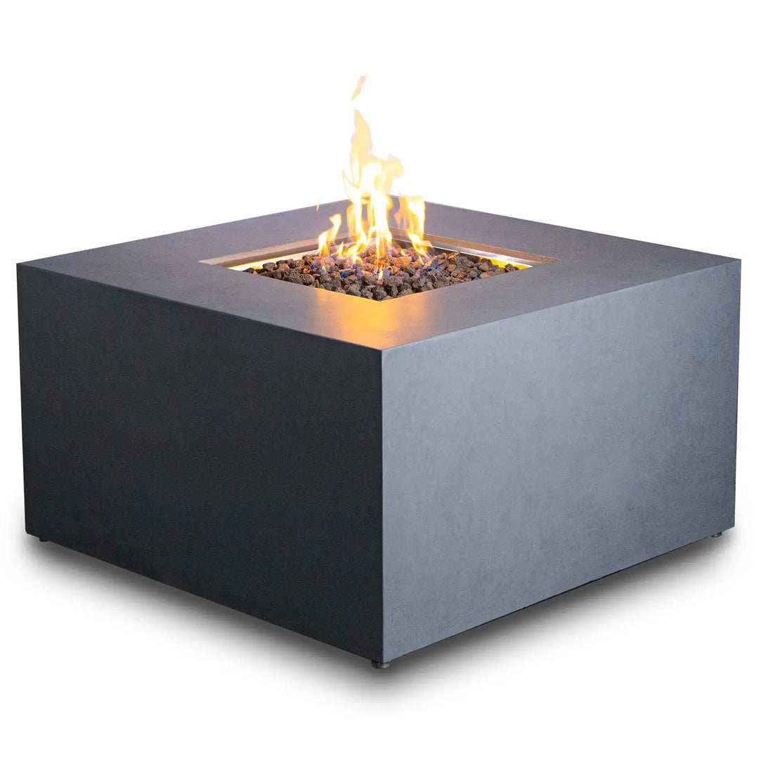 Modern square boxl fire pit in dark finish with a central burner and flames, featuring a minimalist design