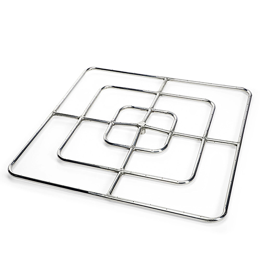 Square stainless steel fire ring by HPC Fire, 36 inches in size. Crafted from premium 304 stainless steel, this 36-inch square fire ring features a dual-ring design for enhanced flame control and even distribution. Perfect for large outdoor fire pits, this fire ring is compatible with both propane and natural gas setups. The robust construction and precision-drilled ports provide a consistent flame and reliable performance. Ideal for custom fire pits, commercial installations, and outdoor entertaining space